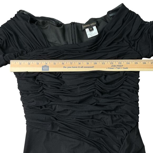 Tadashi Shoji Black Asymmetric Ruched Sleeve Gown sz M Glam Mermaid Column Event - Picture 11 of 13